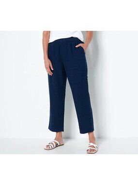 Susan Graver Utility Crop Pants Size 4X Petite Pure Easy Linen Pull On Navy Blue